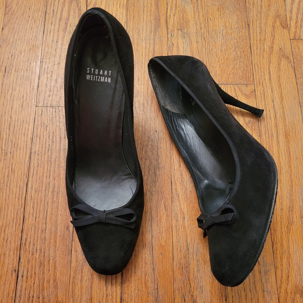 Stuart Weitzman 10 Classic Pumps Black Suede Leather Bow Stiletto Heel Spain